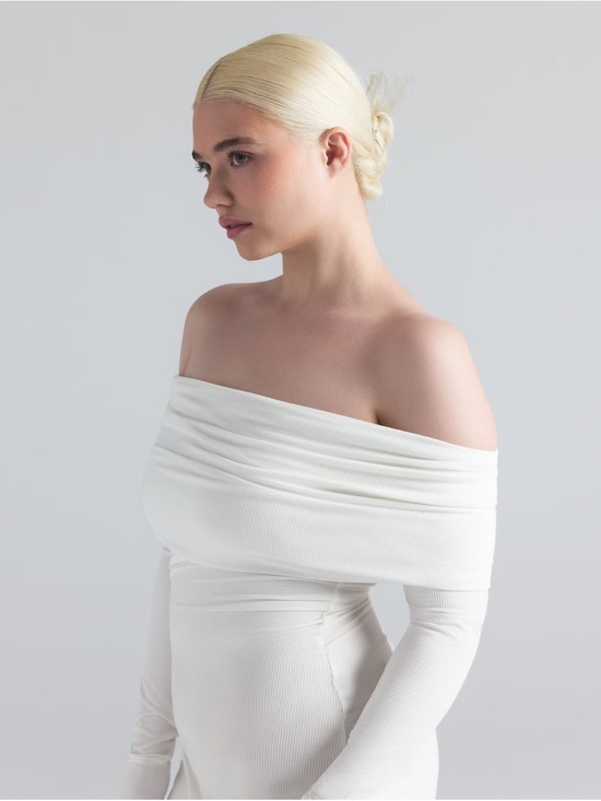 SKIMS Dresses & Skirts - NWT SKIMS Off-Shoulder Ribbed Mini Dress in White